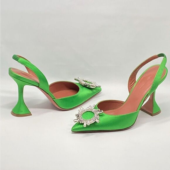 Amina Muaddi  Begum 95MM Satin & Crystal-Adorned Slingback Pumps size 37.5 - Picture 8 of 14